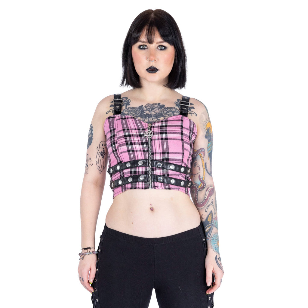 Heartless Thyra Top Pink Tartan Corset Crop Top Gothic Punk Zip Front - Rockinredfox