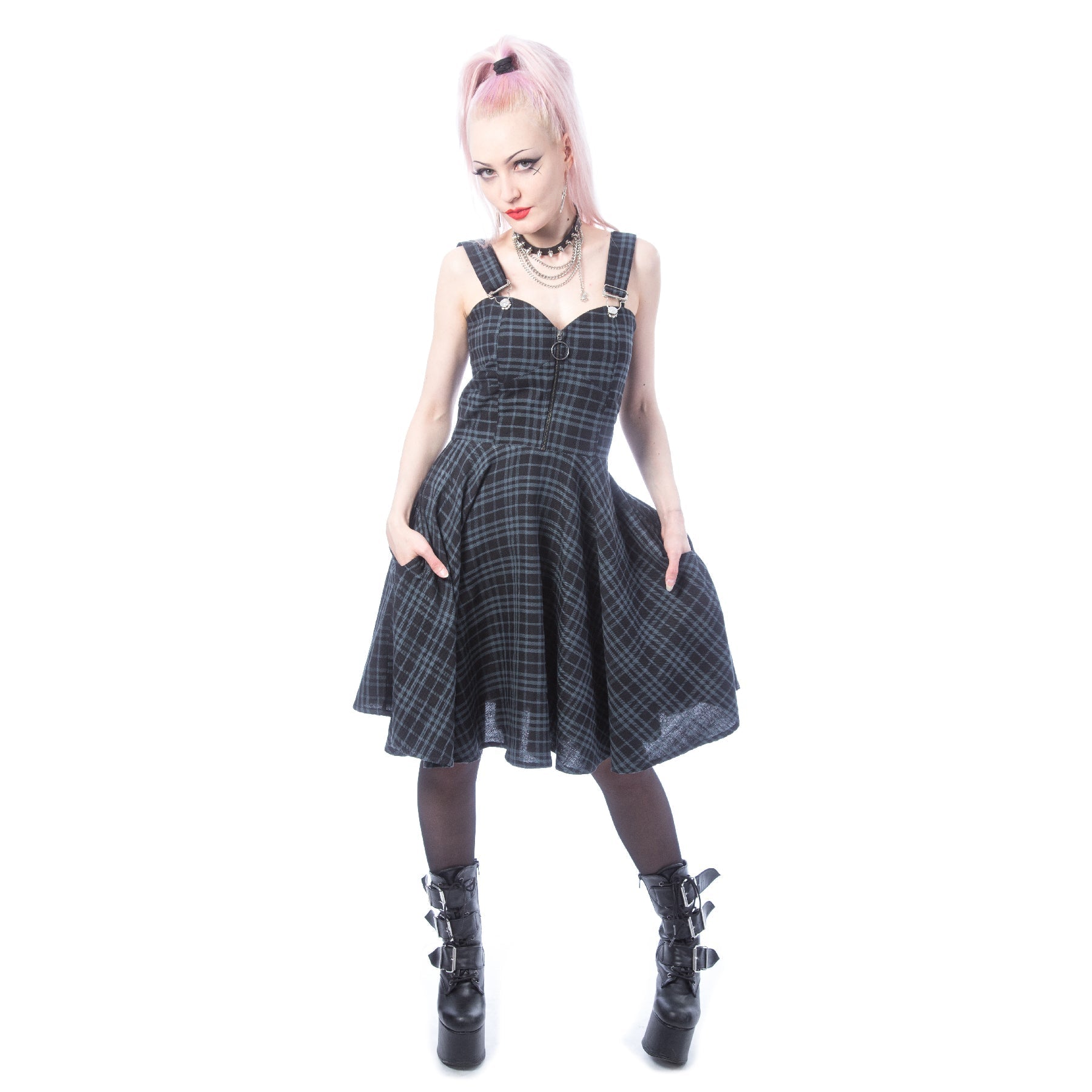 Heartless Zosia Grey Check Gothic Pinafore Dress | Alternative Punk Skater Dress - Rockinredfox