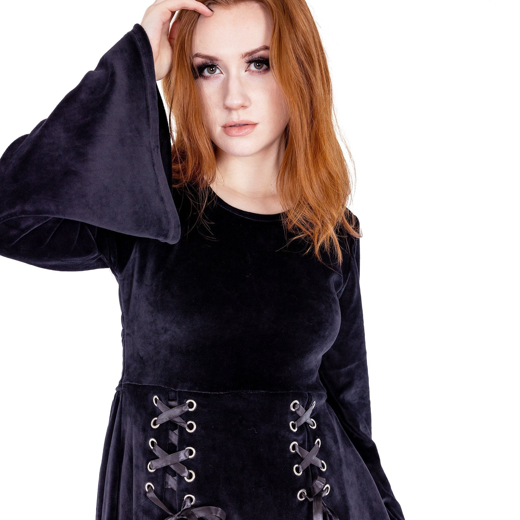 Innocent Lifestyle Marion Dress Black Velvet Gothic Skater Dress Lace Up Alternative - Rockinredfox