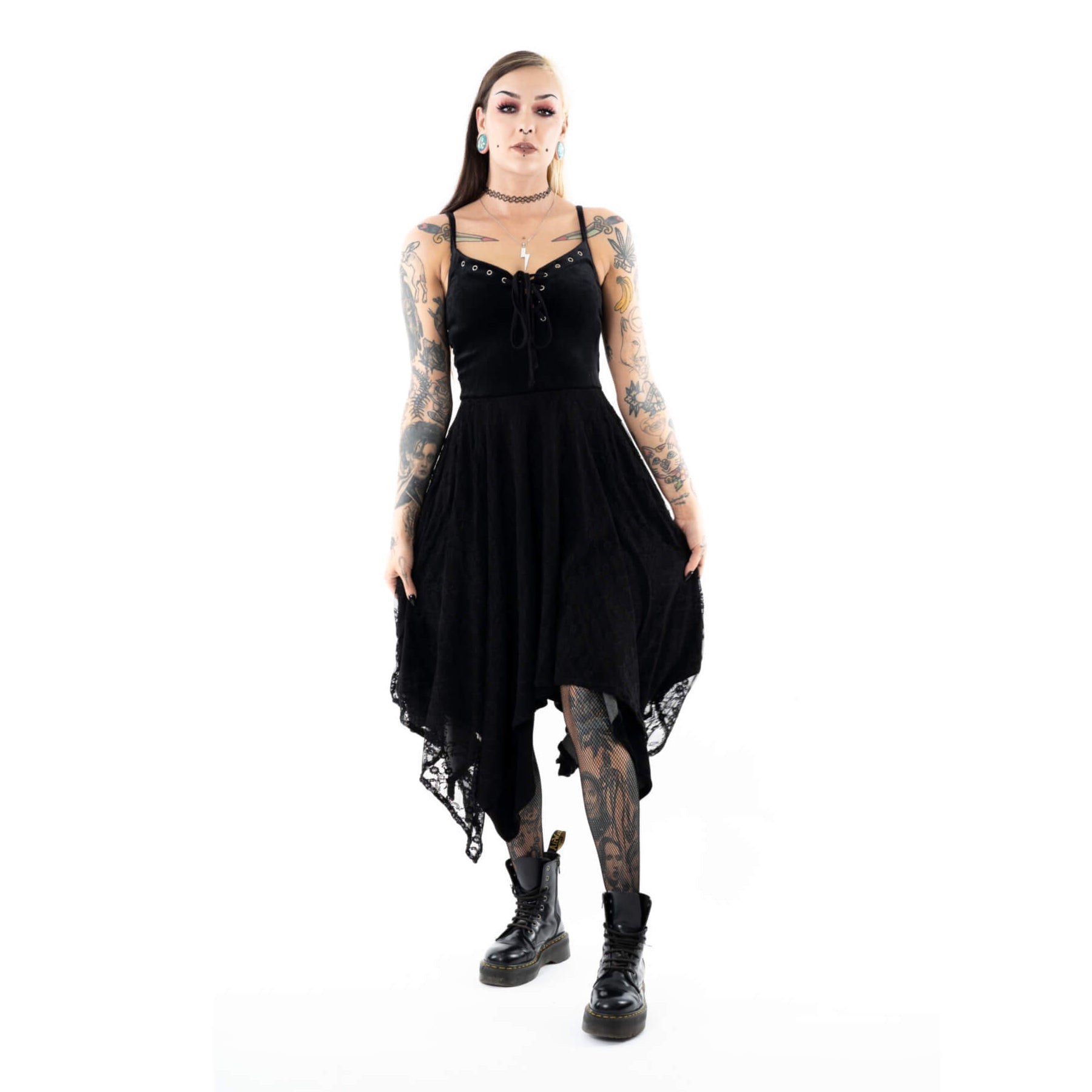 Innocent Lifestyle Mia Dress – Black Gothic Lace Handkerchief Dress | Alternative Clothing - Rockinredfox