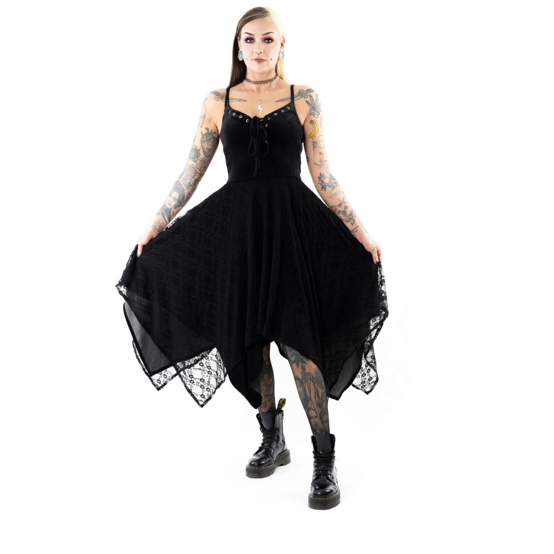 Innocent Lifestyle Mia Dress – Black Gothic Lace Handkerchief Dress | Alternative Clothing - Rockinredfox