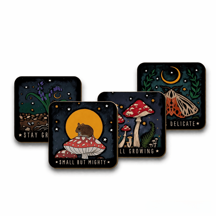 Mystical Roots Mushroom Coaster Set – 4 Piece Botanical Cork Backed Set - Rockinredfox