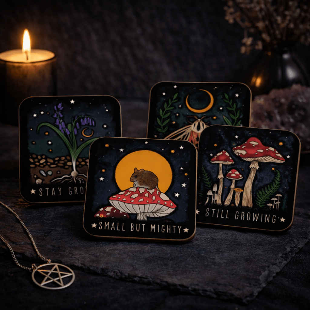Mystical Roots Mushroom Coaster Set – 4 Piece Botanical Cork Backed Set - Rockinredfox