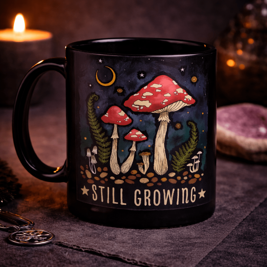 Mystical Roots Still Growing Mushroom Mug – Gothic Black Coffee Cup - Rockinredfox