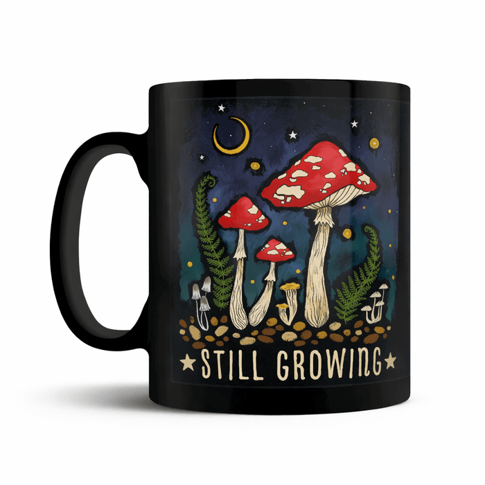 Mystical Roots Still Growing Mushroom Mug – Gothic Black Coffee Cup - Rockinredfox