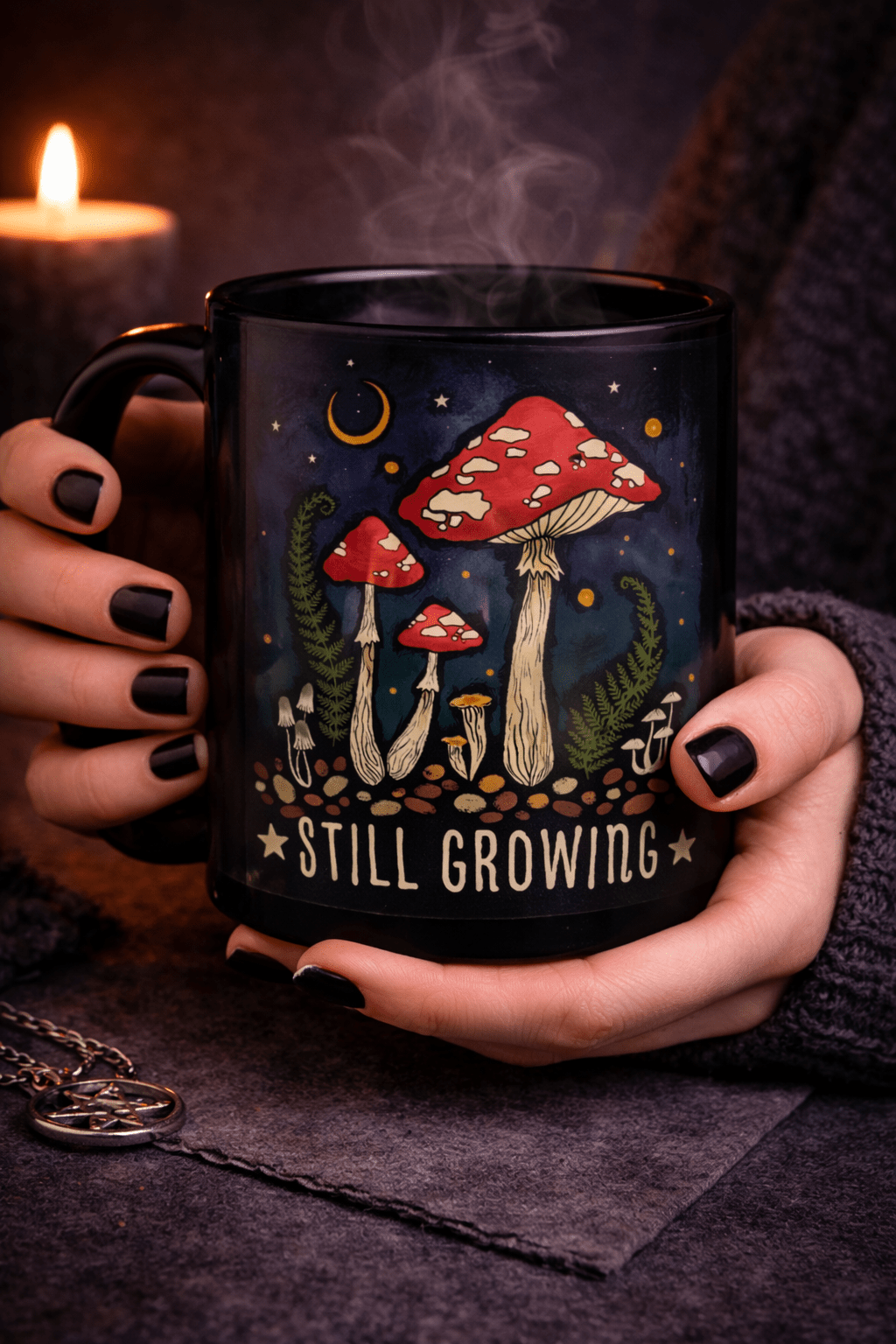 Mystical Roots Still Growing Mushroom Mug – Gothic Black Coffee Cup - Rockinredfox