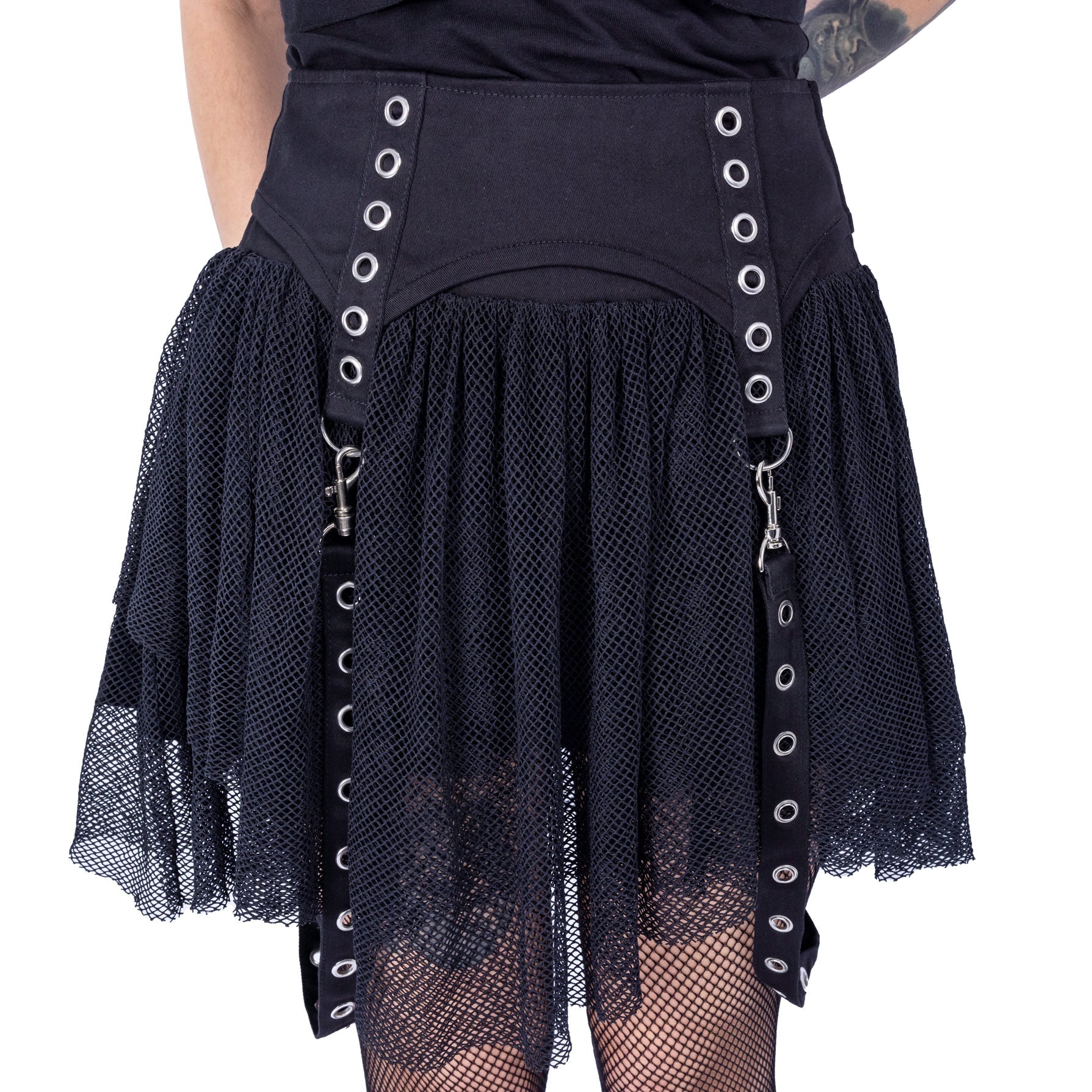 Poizen Industries Cybele Skirt – Black Gothic Mesh Mini Skirt with Harness Straps | Alternative Punk Skirt - Rockinredfox
