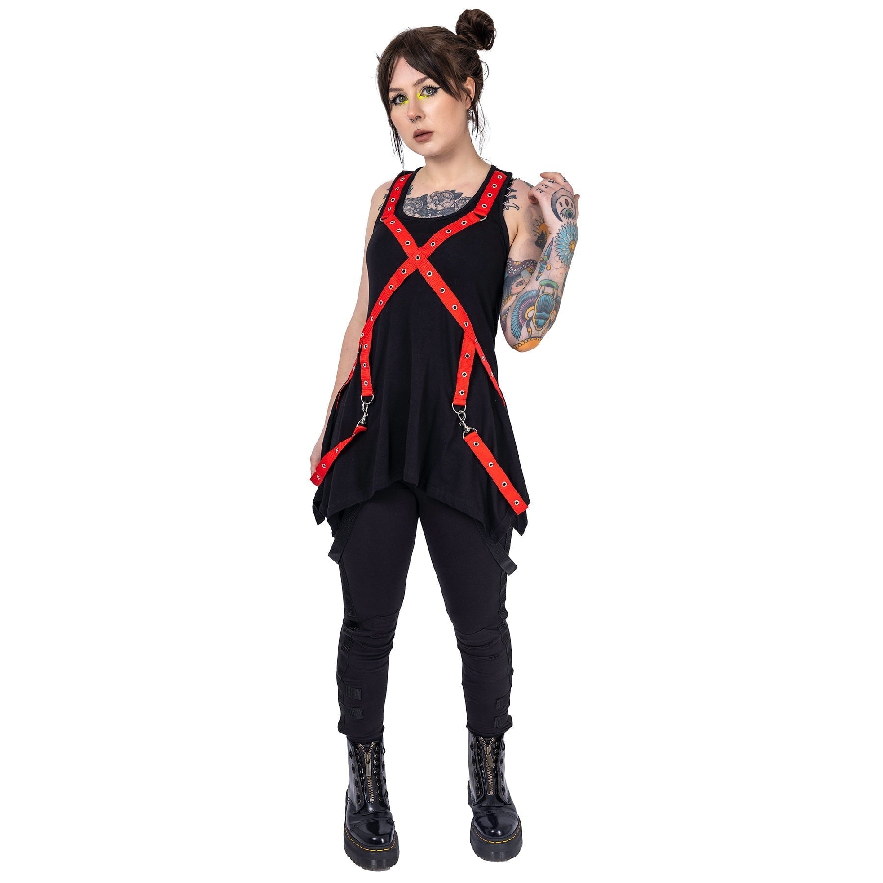Poizen Industries Deserted Top Black Red Harness Strap Gothic Alternative Punk Top - Rockinredfox