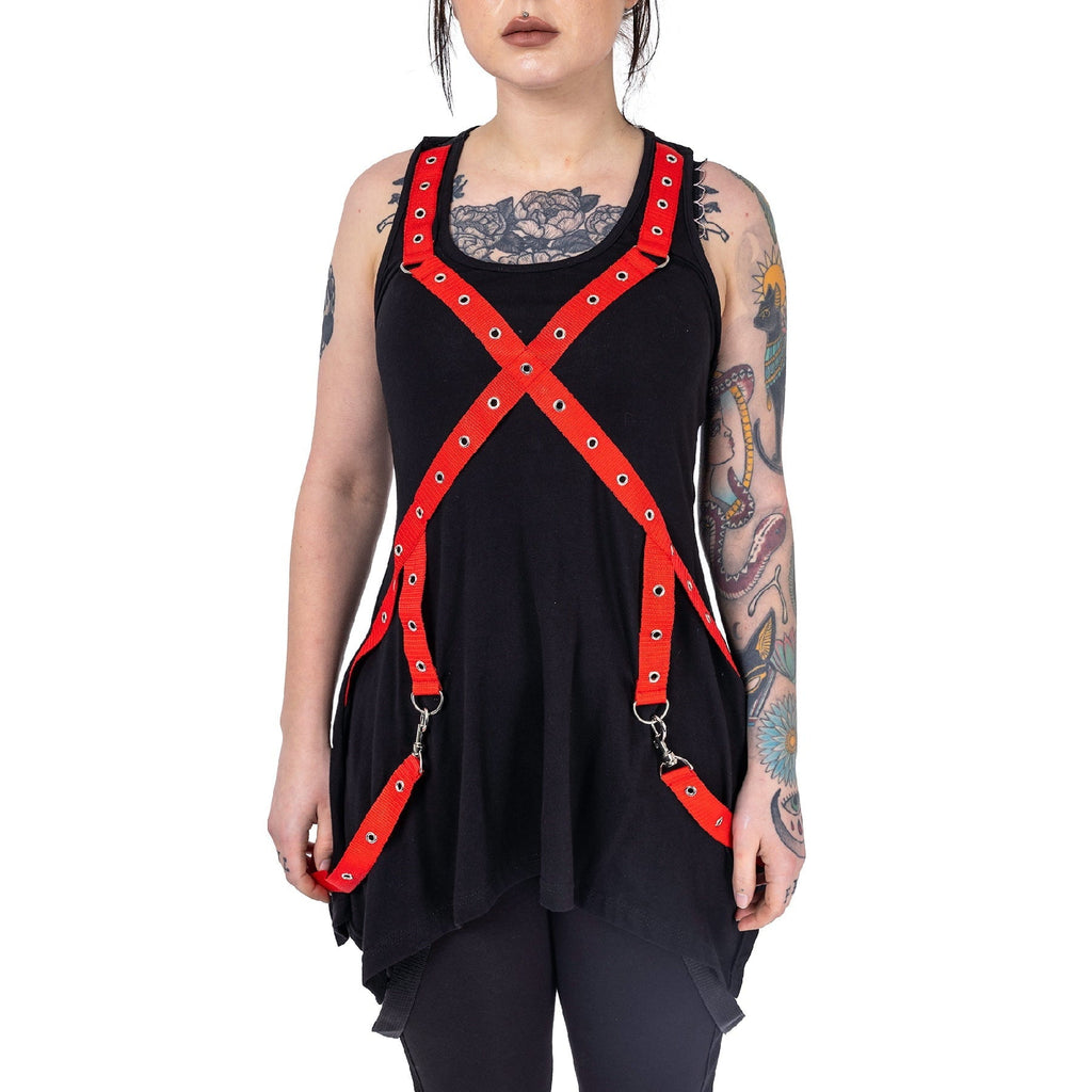 Poizen Industries Deserted Top Black Red Harness Strap Gothic Alternative Punk Top - Rockinredfox