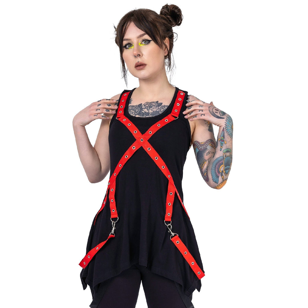 Poizen Industries Deserted Top Black Red Harness Strap Gothic Alternative Punk Top - Rockinredfox