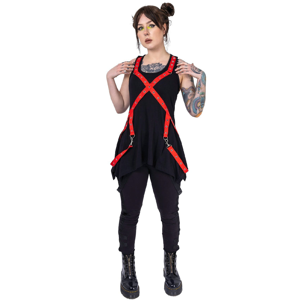 Poizen Industries Deserted Top Black Red Harness Strap Gothic Alternative Punk Top - Rockinredfox