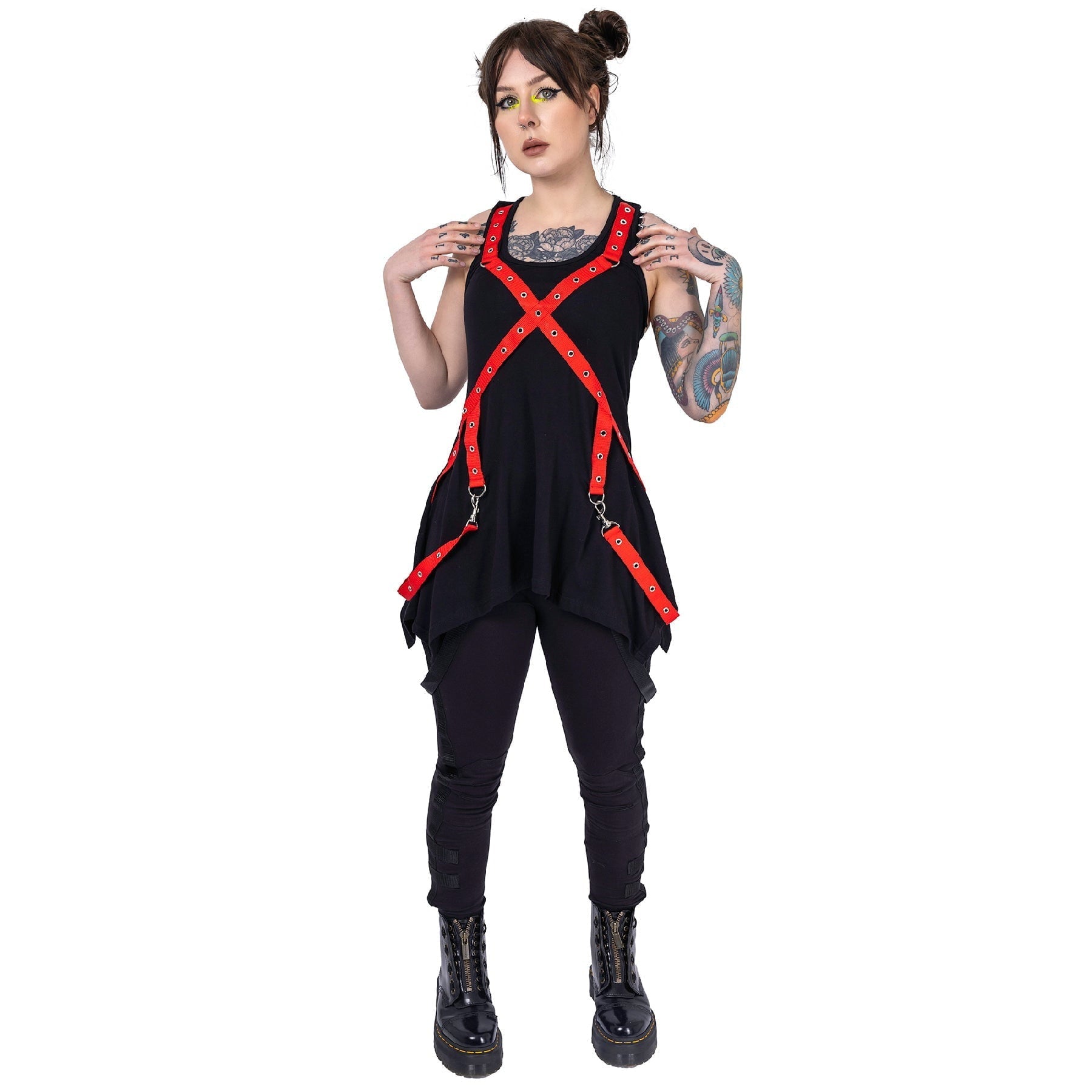 Poizen Industries Deserted Top Black Red Harness Strap Gothic Alternative Punk Top - Rockinredfox