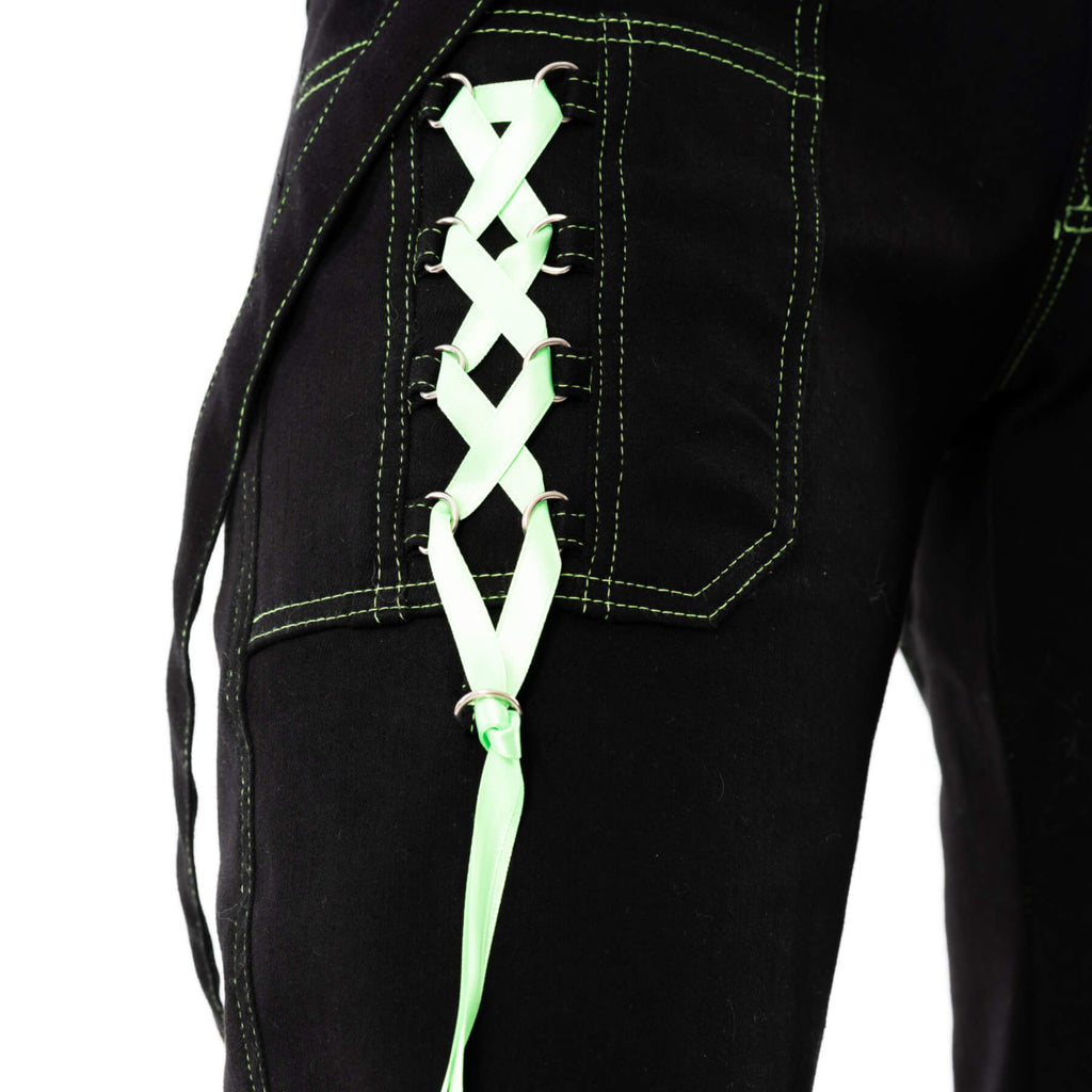 Poizen Industries Fuse Pants – Black & Green Gothic Trousers | Size 30/32 UK 12 - Rockinredfox