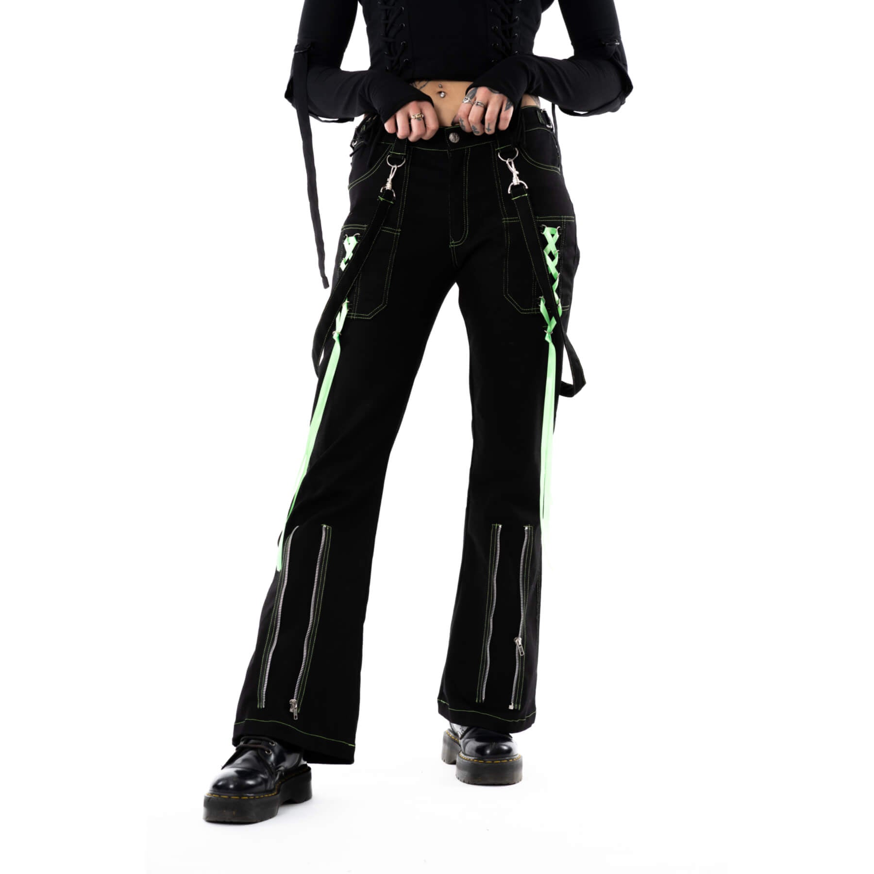 Poizen Industries Fuse Pants – Black & Green Gothic Trousers | Size 30/32 UK 12 - Rockinredfox