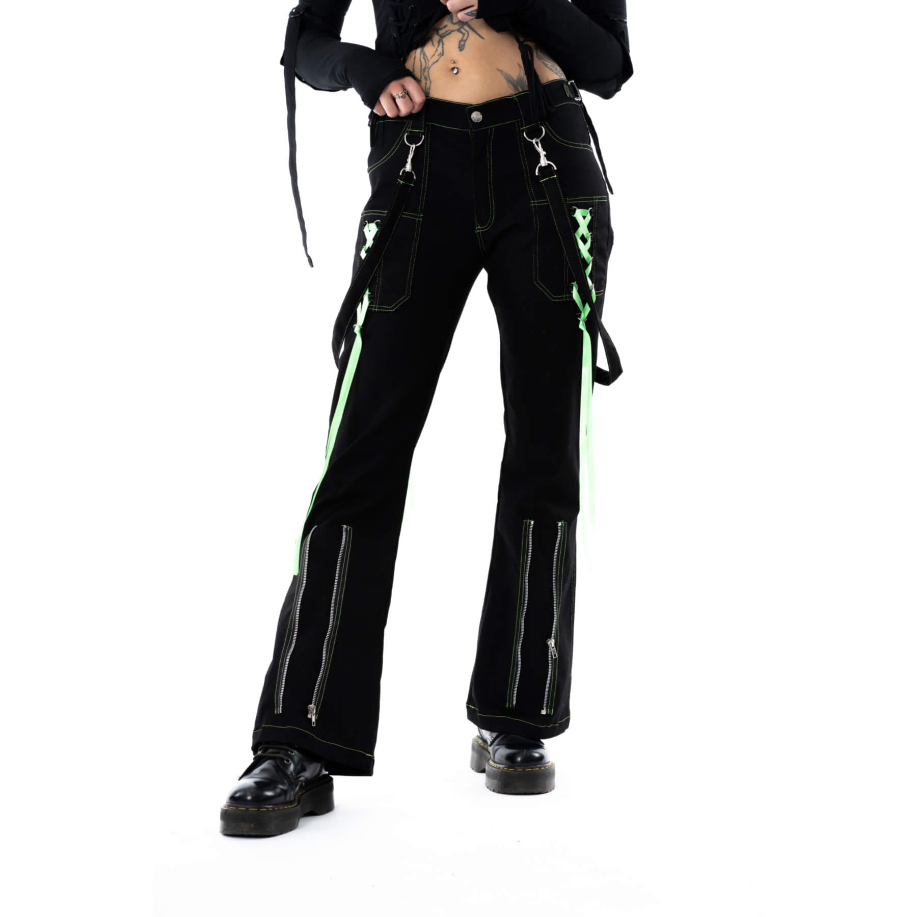 Poizen Industries Fuse Pants – Black & Green Gothic Trousers | Size 30/32 UK 12 - Rockinredfox