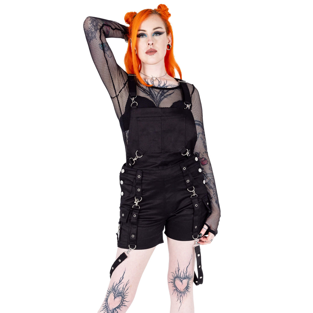 Poizen Industries Hallie Dungarees Black Gothic Harness Strap Shorts Alternative Punk Grunge - Rockinredfox