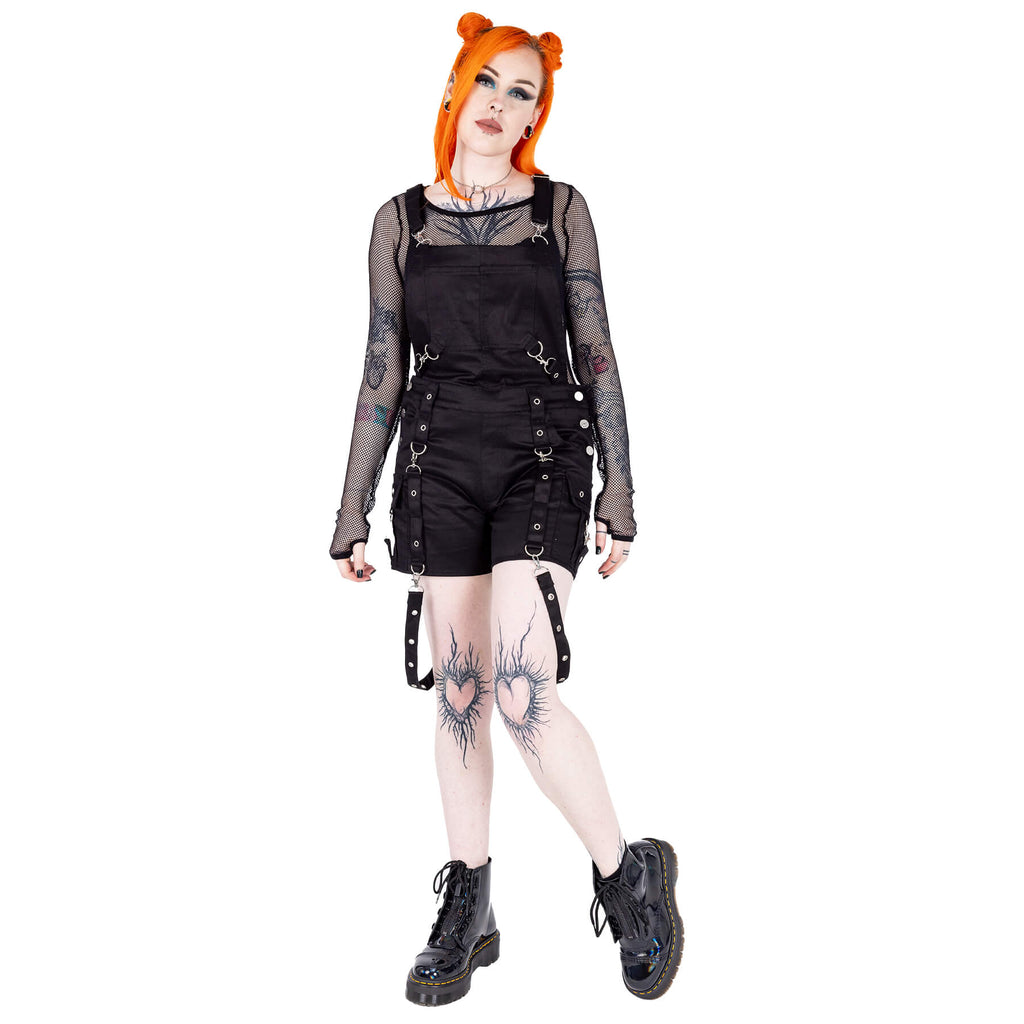 Poizen Industries Hallie Dungarees Black Gothic Harness Strap Shorts Alternative Punk Grunge - Rockinredfox