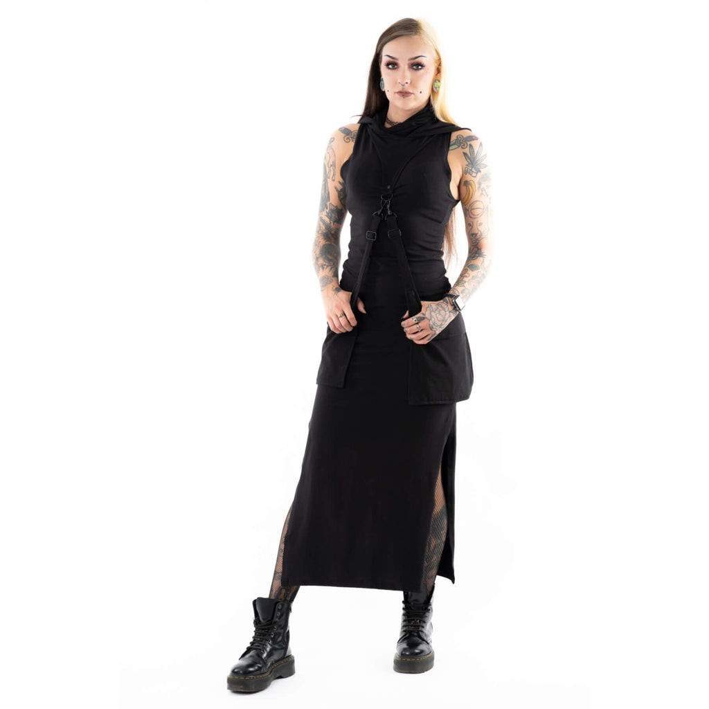 Poizen Industries Helia Dress Black Gothic Hooded Maxi Dress Alternative Fashion - Rockinredfox