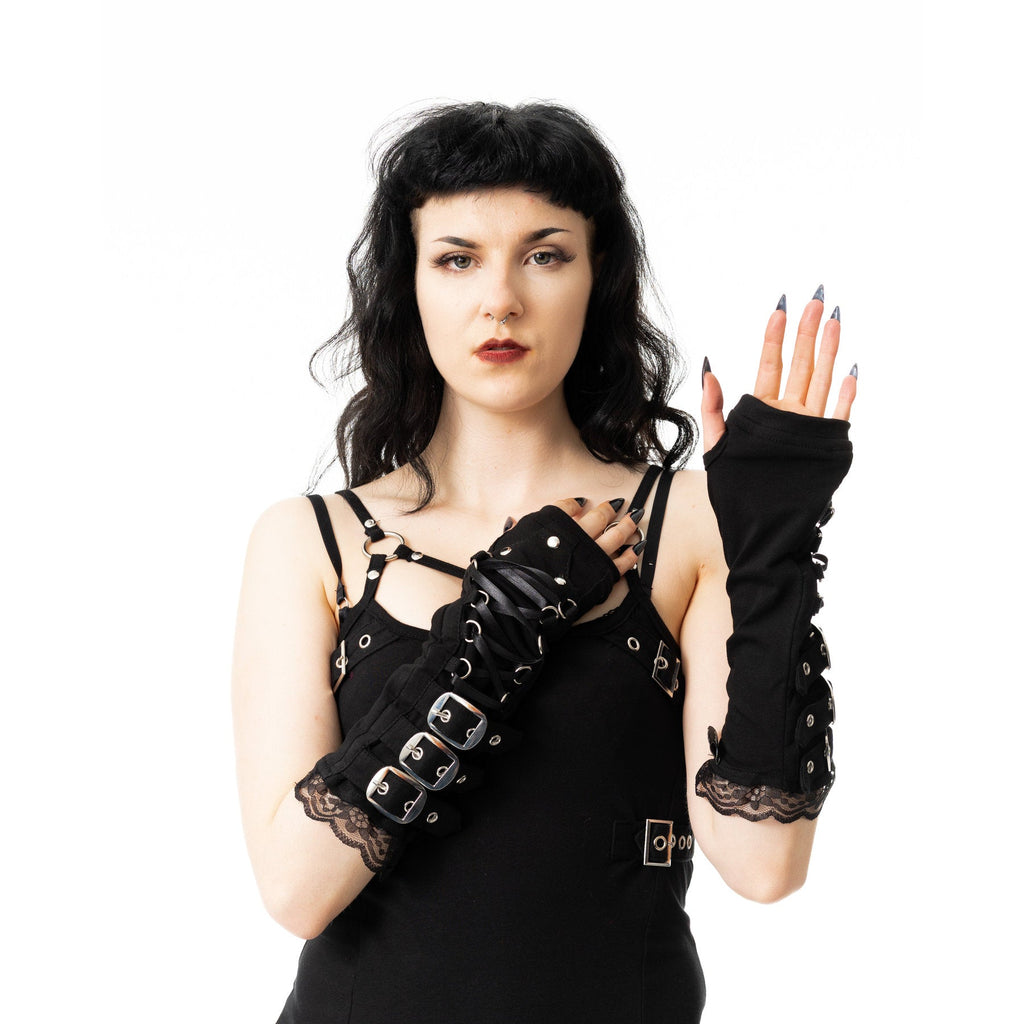 Poizen Industries Monroe Armwarmers Black Gothic Lace Up Buckle Arm Warmers - Rockinredfox
