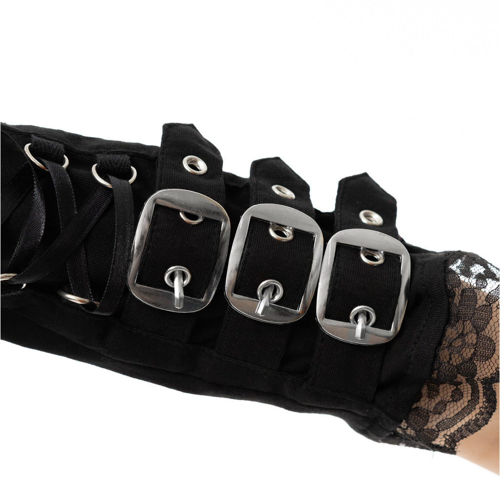 Poizen Industries Monroe Armwarmers Black Gothic Lace Up Buckle Arm Warmers - Rockinredfox