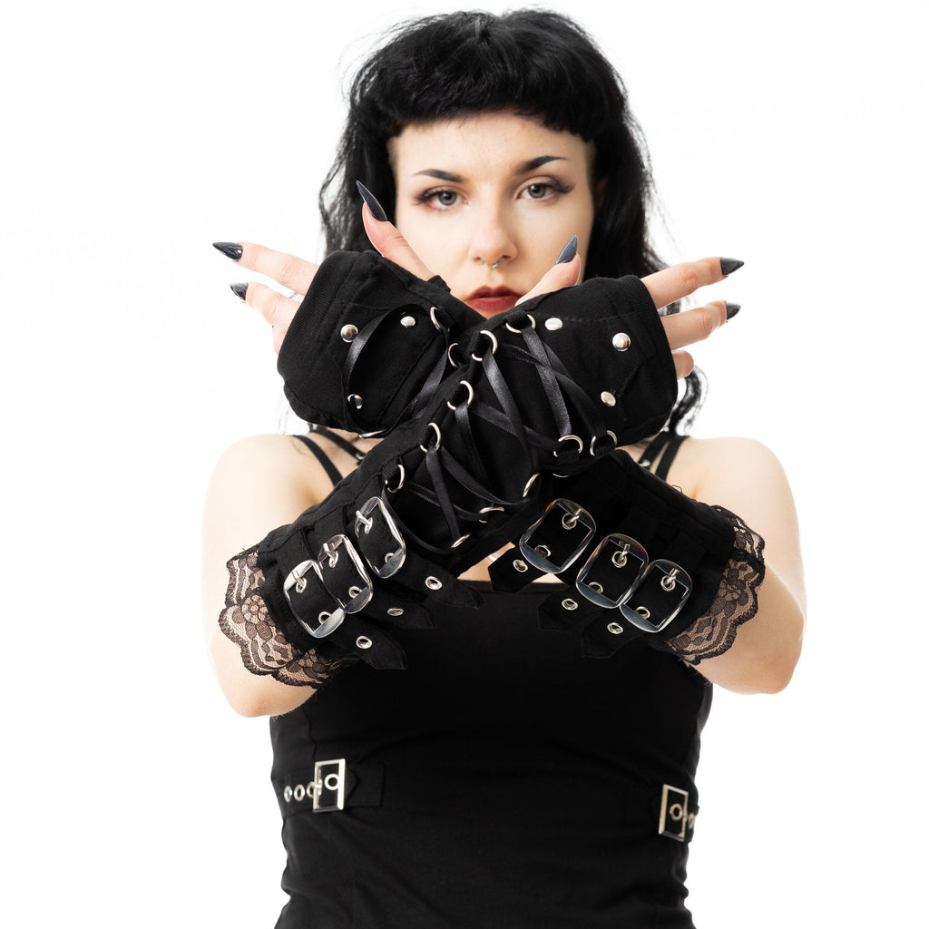 Poizen Industries Monroe Armwarmers Black Gothic Lace Up Buckle Arm Warmers - Rockinredfox