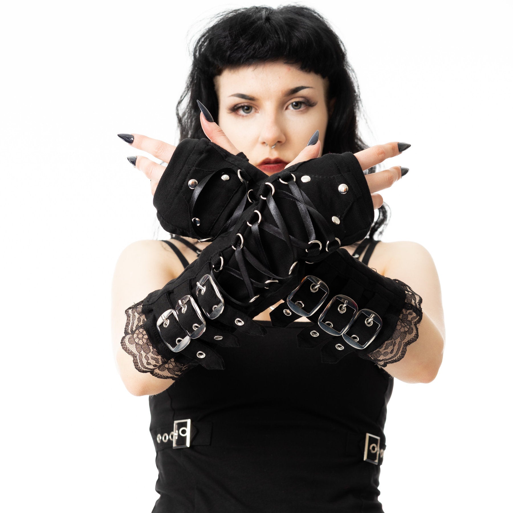 Poizen Industries Monroe Armwarmers Black Gothic Lace Up Buckle Arm Warmers - Rockinredfox