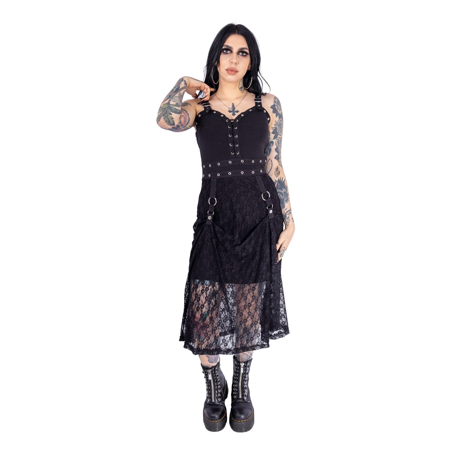 Poizen Industries Soulless Dress – Black Gothic Lace Midi Dress | Alternative Corset Style Dress - Rockinredfox