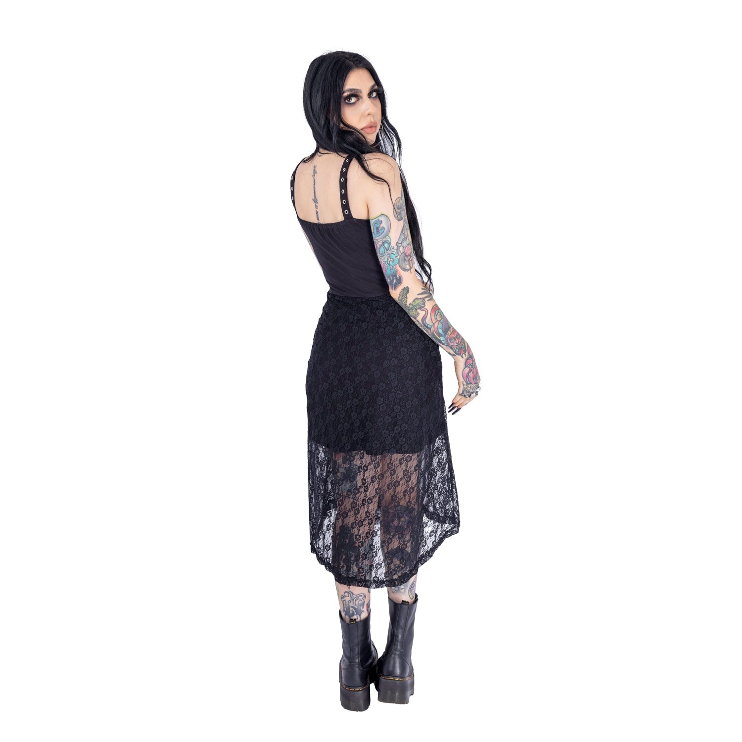 Poizen Industries Soulless Dress – Black Gothic Lace Midi Dress | Alternative Corset Style Dress - Rockinredfox