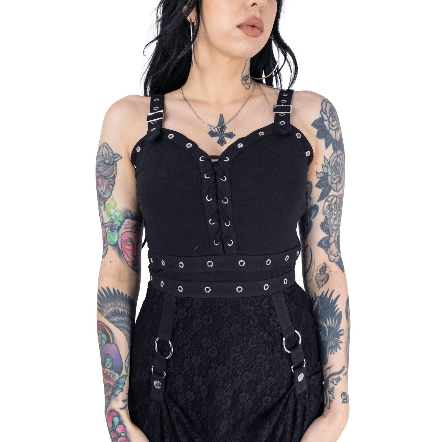 Poizen Industries Soulless Dress – Black Gothic Lace Midi Dress | Alternative Corset Style Dress - Rockinredfox