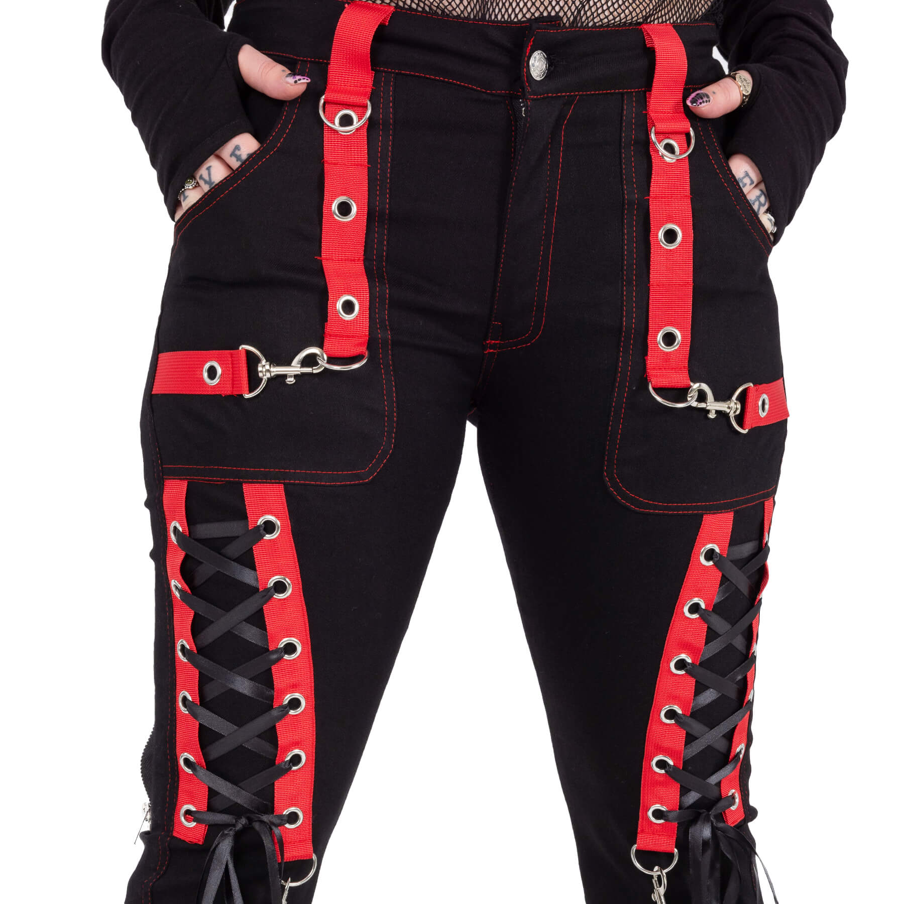 Poizen Industries Trinity Pants Black Red Gothic Lace Up Alternative Trousers - Rockinredfox