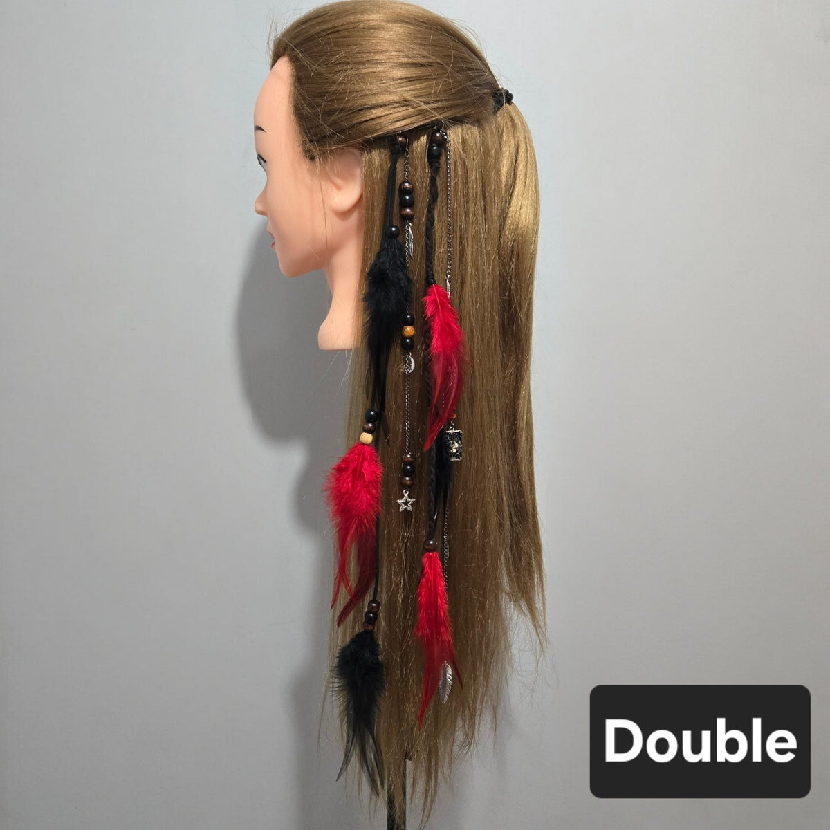 RavenDreadz 18 Inch Red & Black Feather Hair Clip with Beads & Charms - Rockinredfox