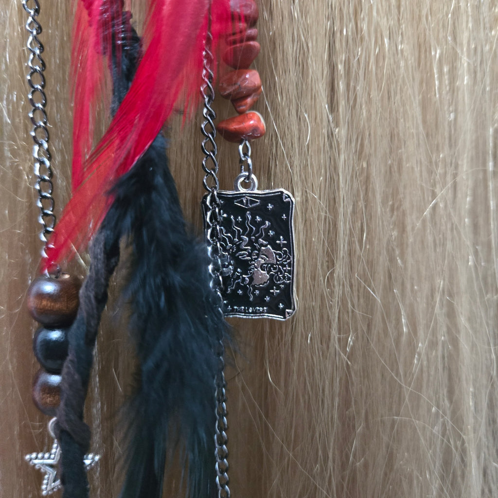 RavenDreadz 18 Inch Red & Black Feather Hair Clip with Beads & Charms - Rockinredfox