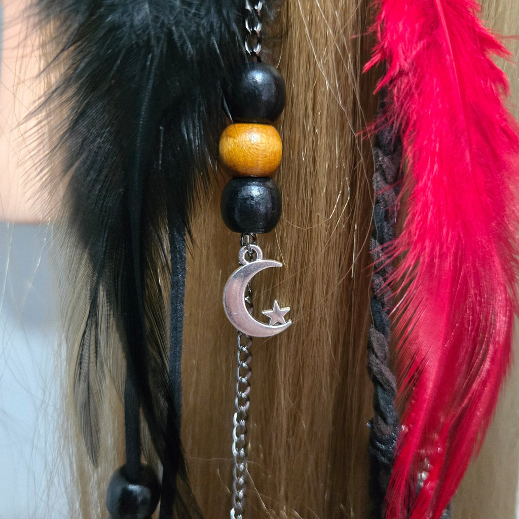 RavenDreadz 18 Inch Red & Black Feather Hair Clip with Beads & Charms - Rockinredfox
