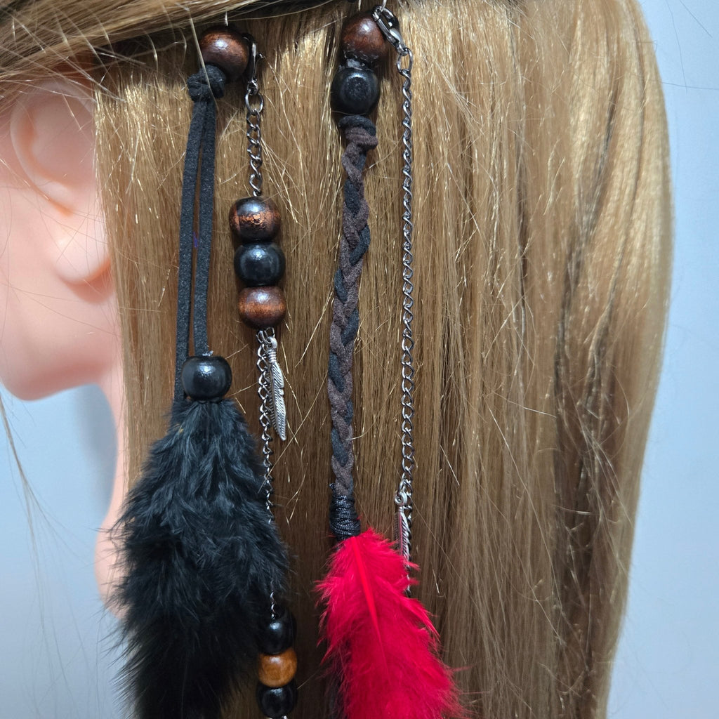 RavenDreadz 18 Inch Red & Black Feather Hair Clip with Beads & Charms - Rockinredfox