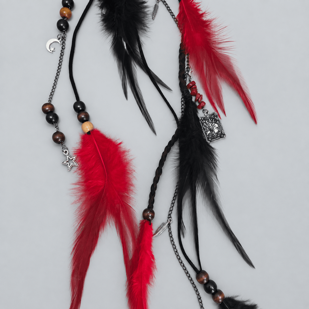 RavenDreadz 18 Inch Red & Black Feather Hair Clip with Beads & Charms - Rockinredfox
