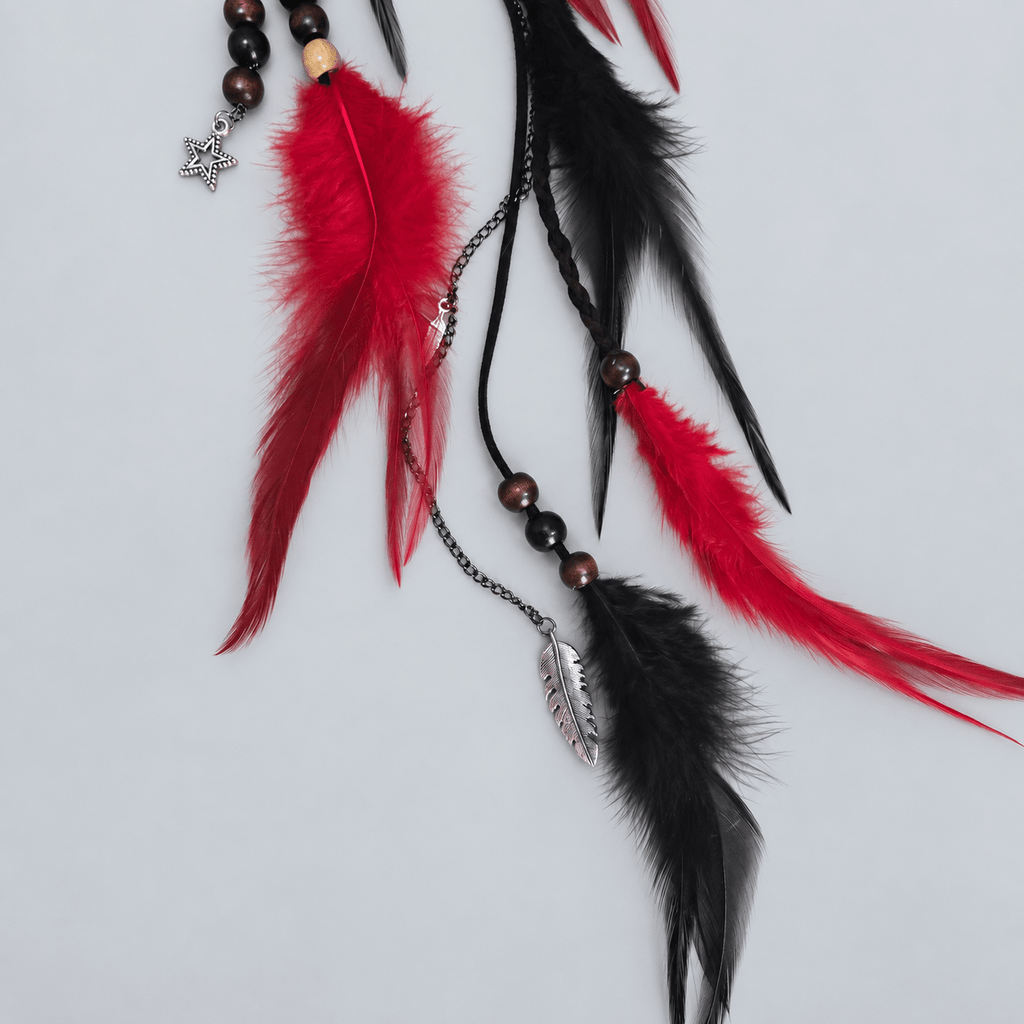 RavenDreadz 18 Inch Red & Black Feather Hair Clip with Beads & Charms - Rockinredfox