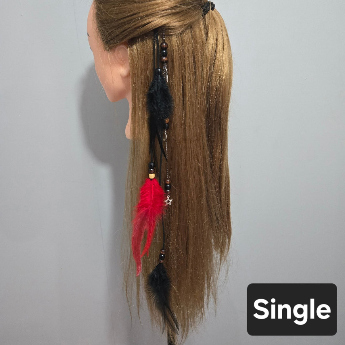 RavenDreadz 18 Inch Red & Black Feather Hair Clip with Beads & Charms - Rockinredfox