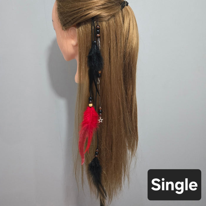 RavenDreadz 18 Inch Red & Black Feather Hair Clip with Beads & Charms