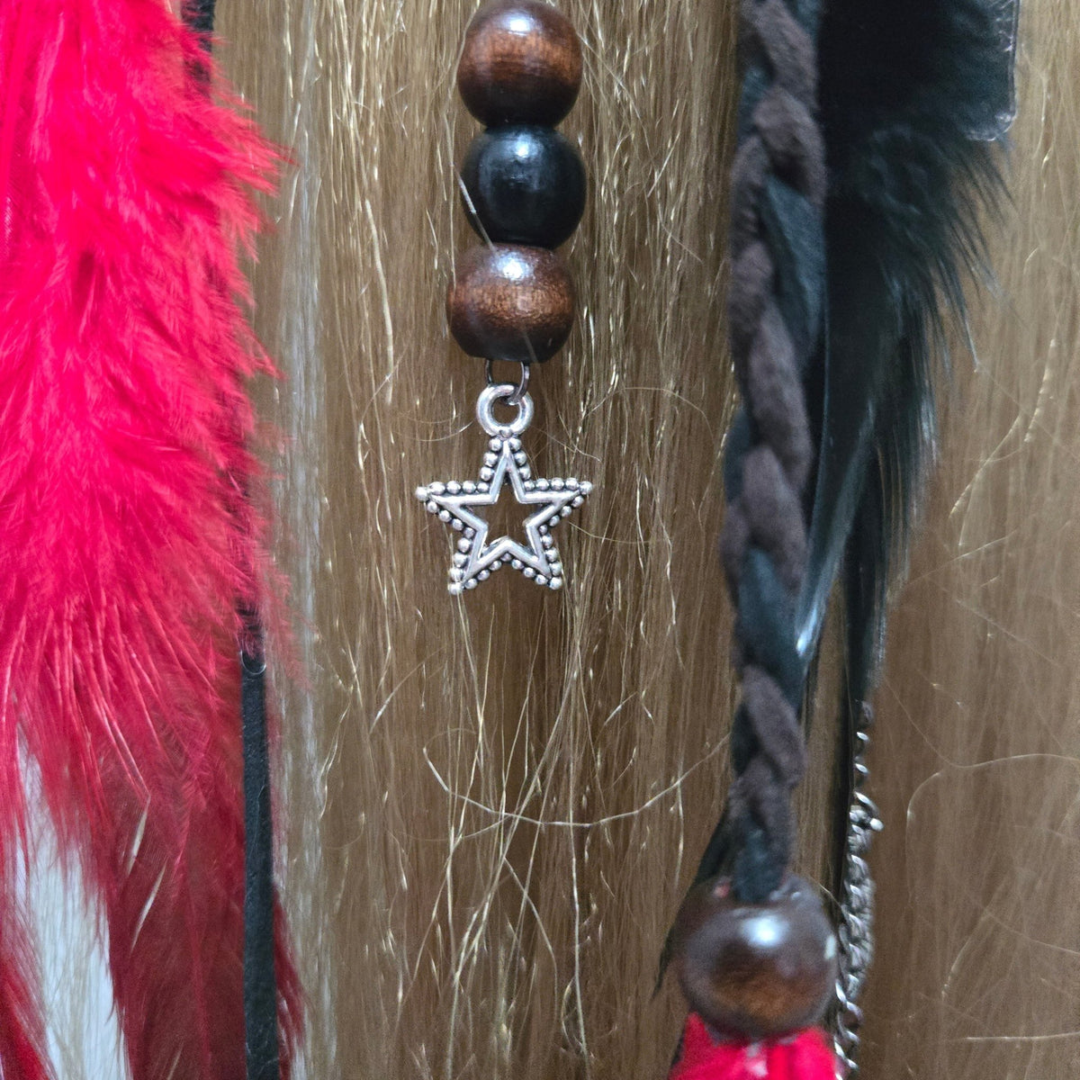RavenDreadz 18 Inch Red & Black Feather Hair Clip with Beads & Charms - Rockinredfox
