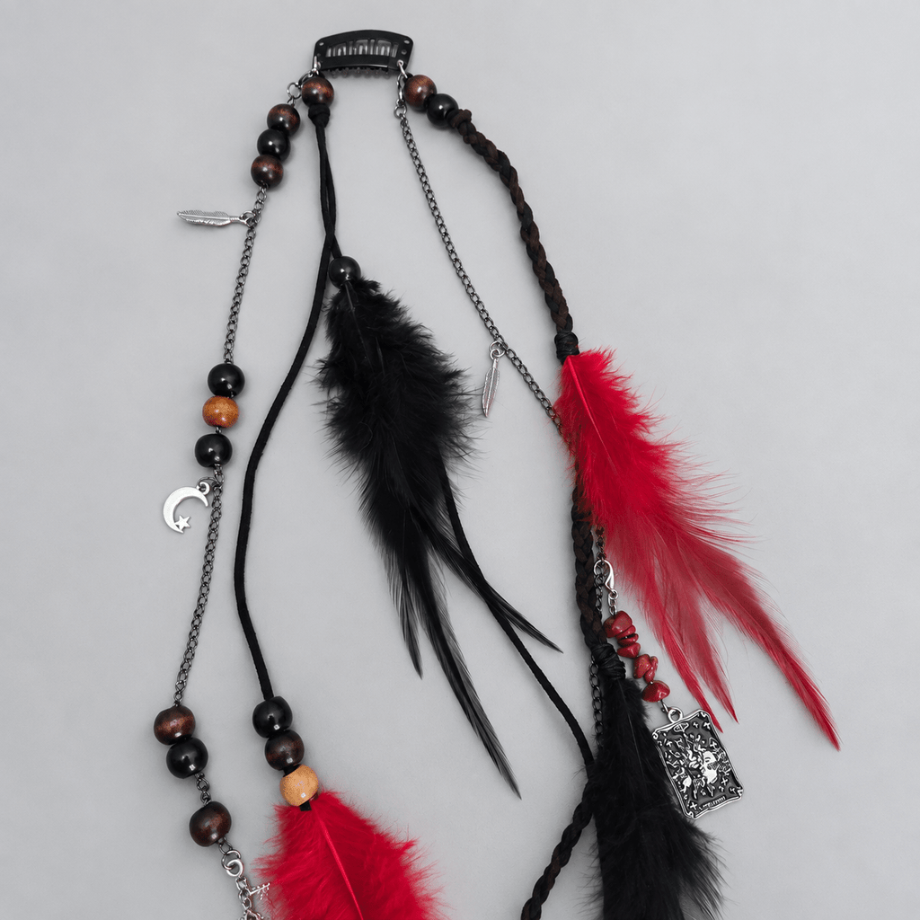 RavenDreadz 18 Inch Red & Black Feather Hair Clip with Beads & Charms - Rockinredfox