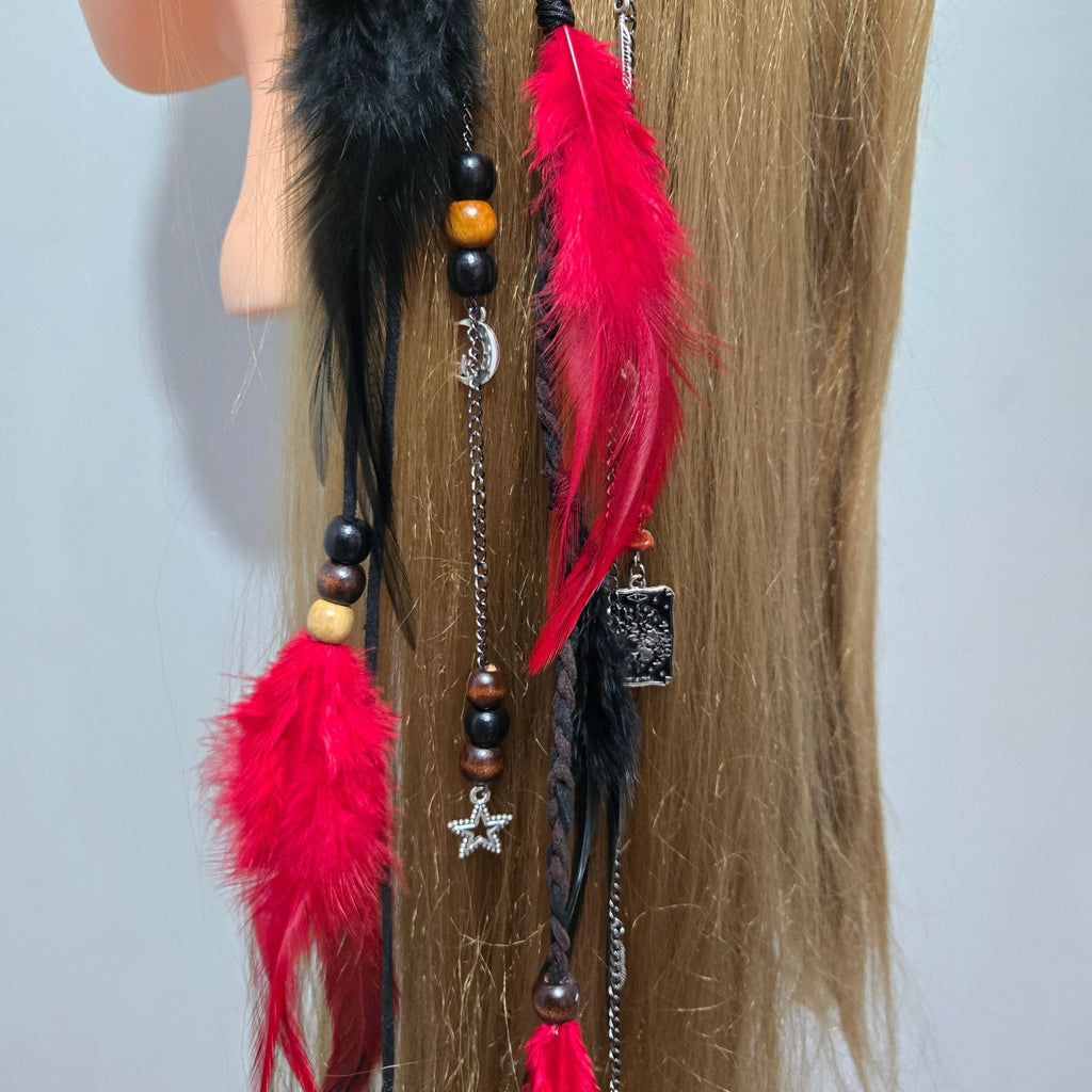 RavenDreadz 18 Inch Red & Black Feather Hair Clip with Beads & Charms - Rockinredfox