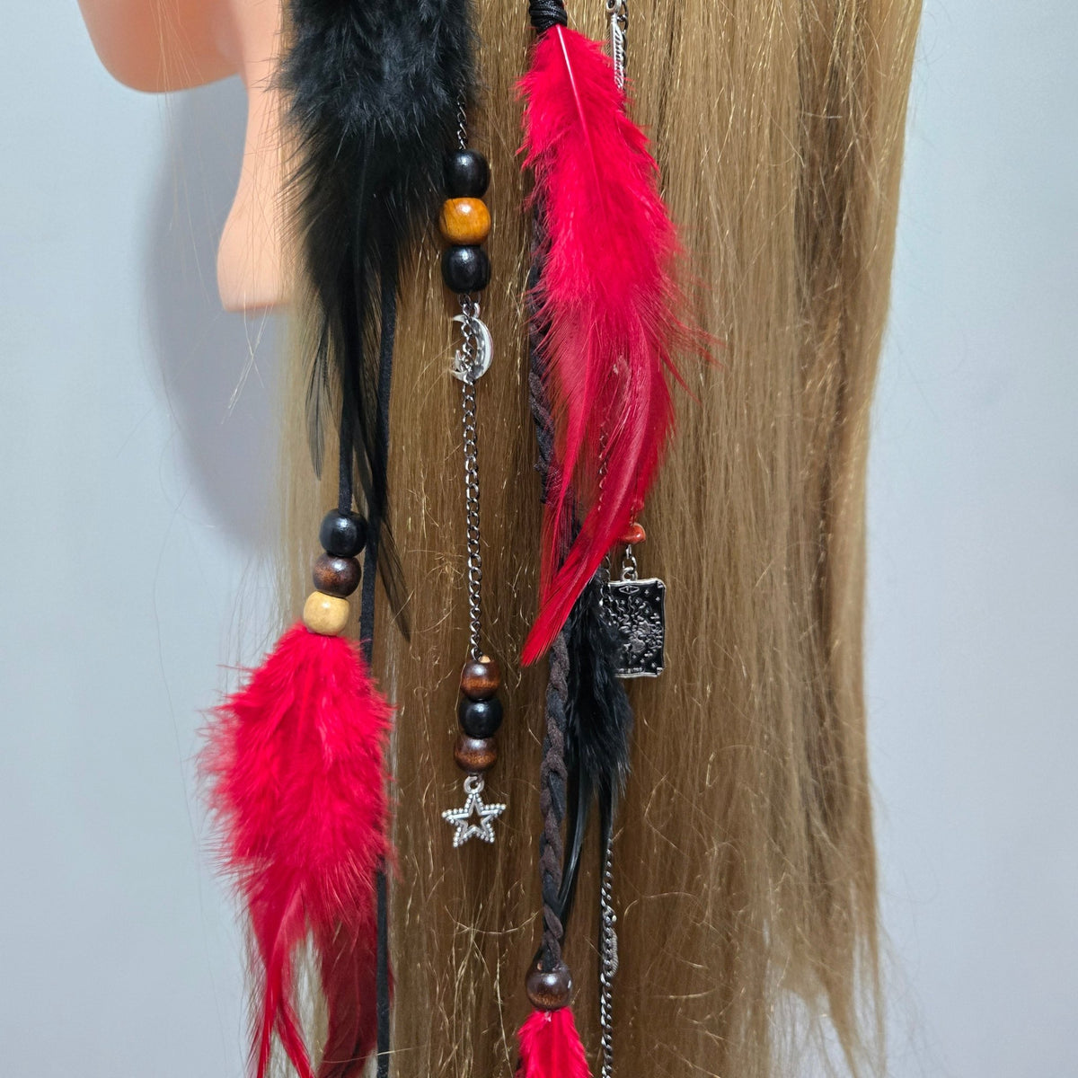 RavenDreadz 18 Inch Red & Black Feather Hair Clip with Beads & Charms - Rockinredfox