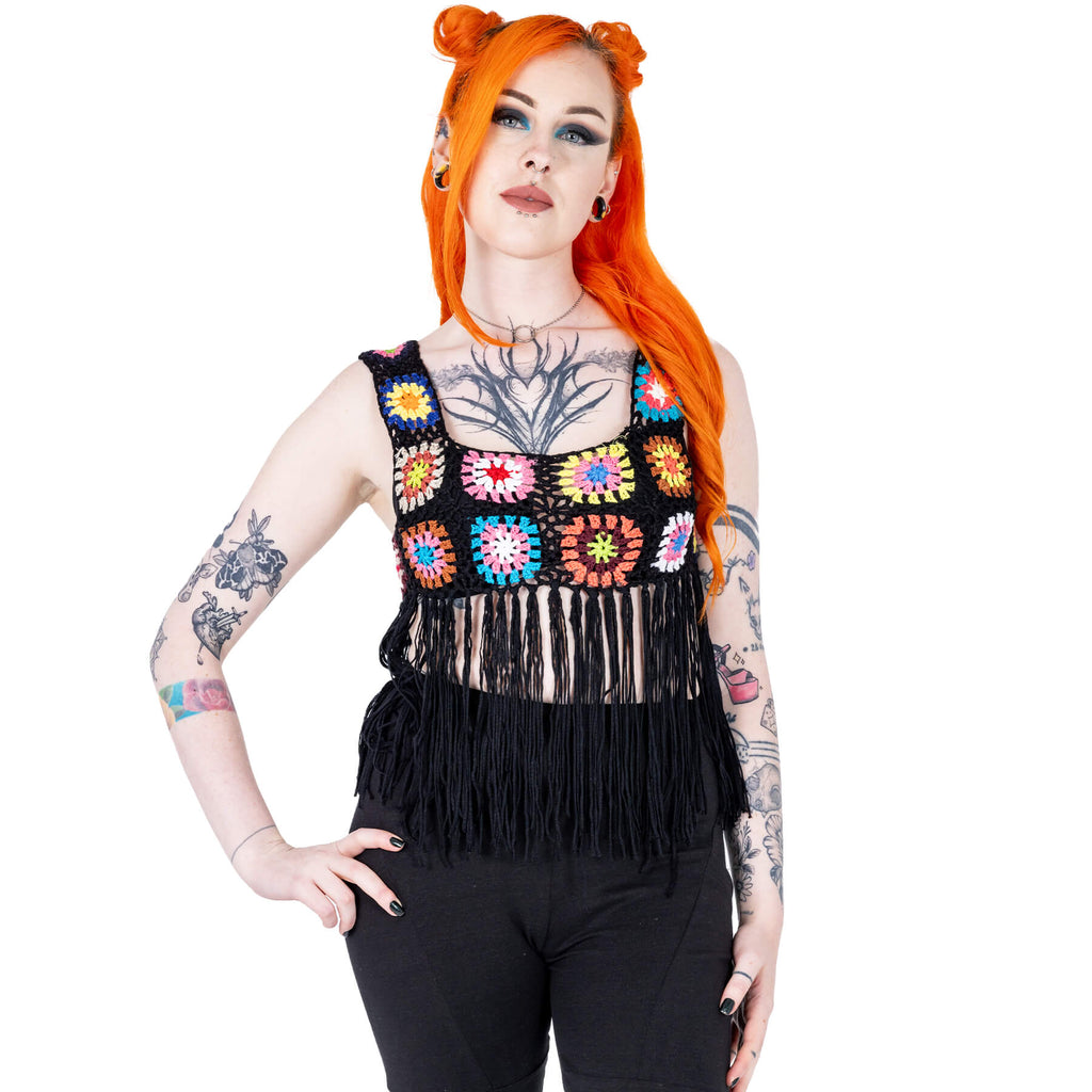 Innocent Lifestyle Maise Fringe Vest Black Multi Crochet Boho Top