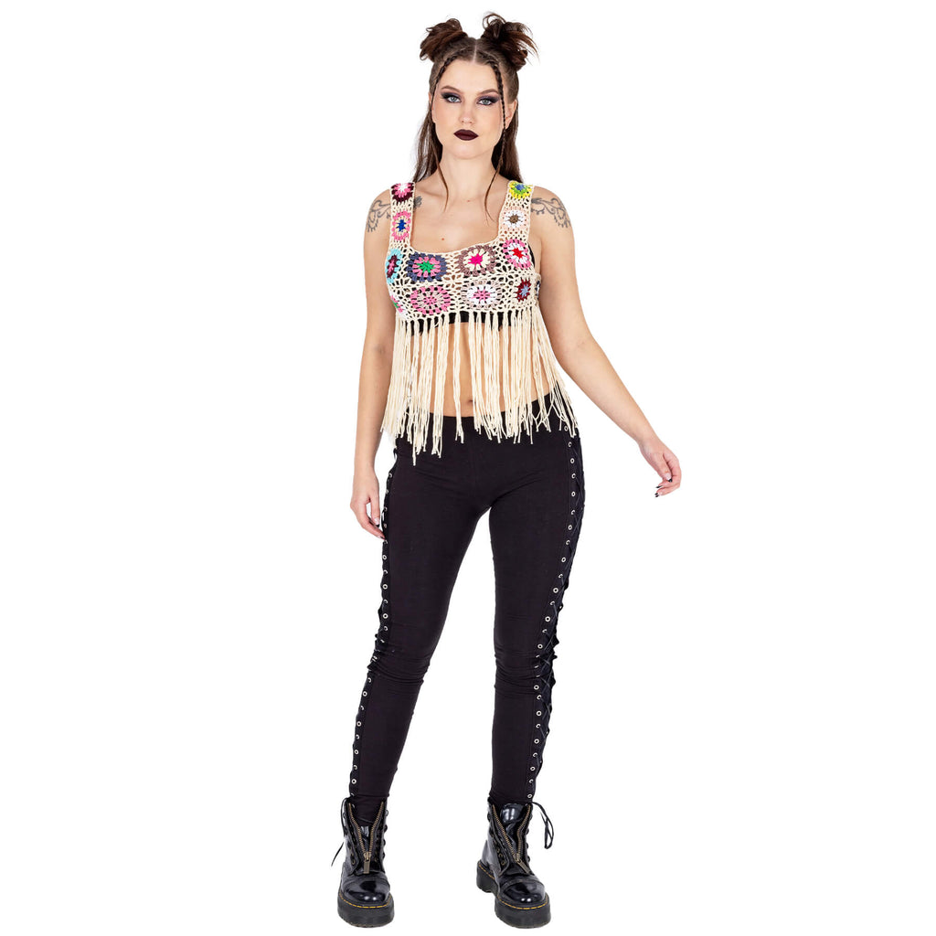 Innocent Lifestyle Maise Fringe Vest Cream Multi Crochet Boho Top