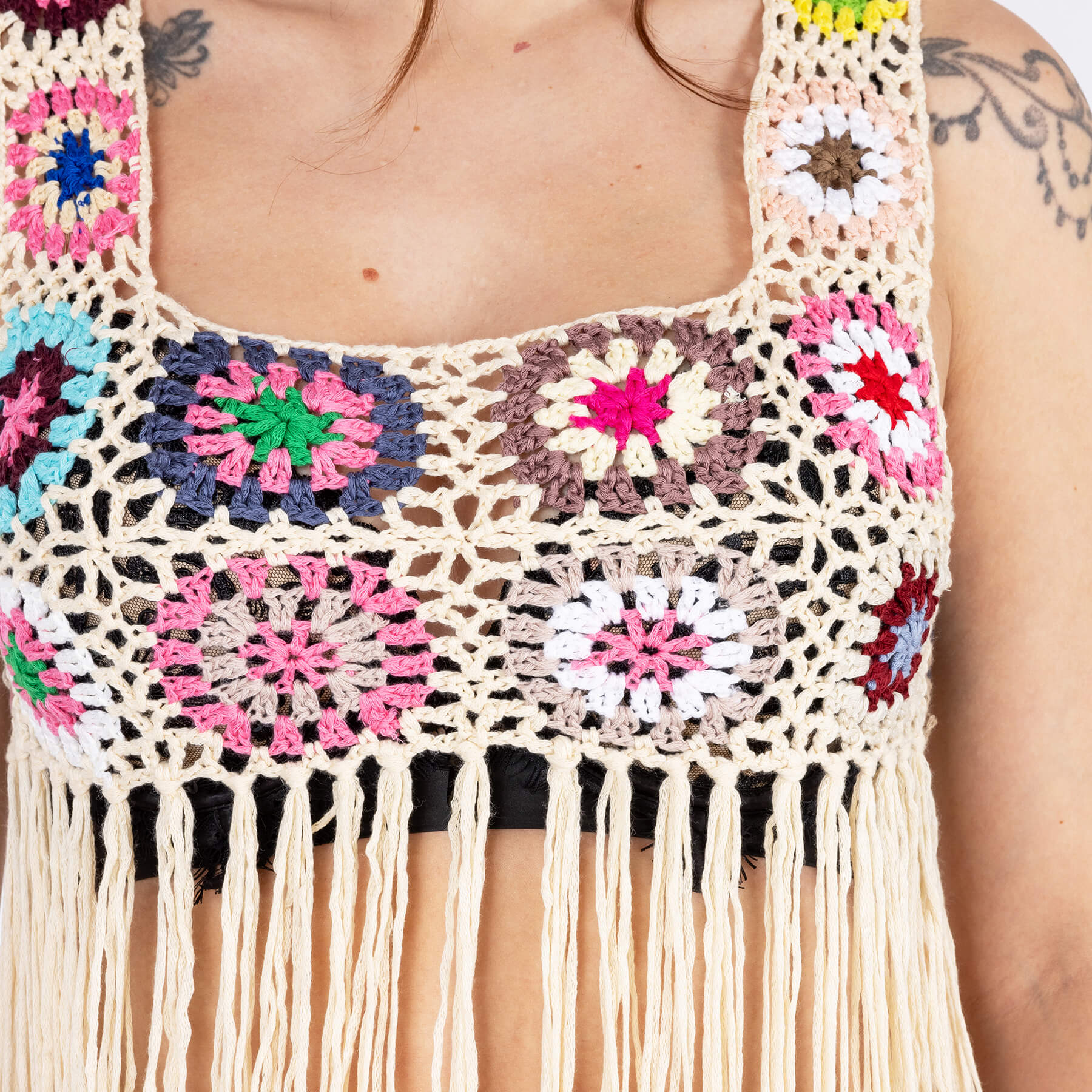 Innocent Lifestyle Maise Fringe Vest Cream Multi Crochet Boho Top