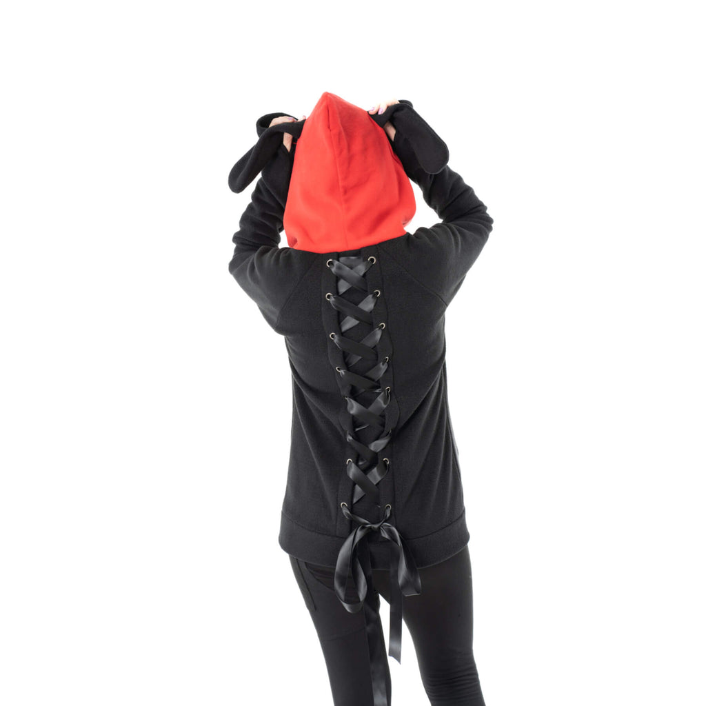 Luv Bunny LB Cross Hood Red Black Alternative Bunny Hoodie
