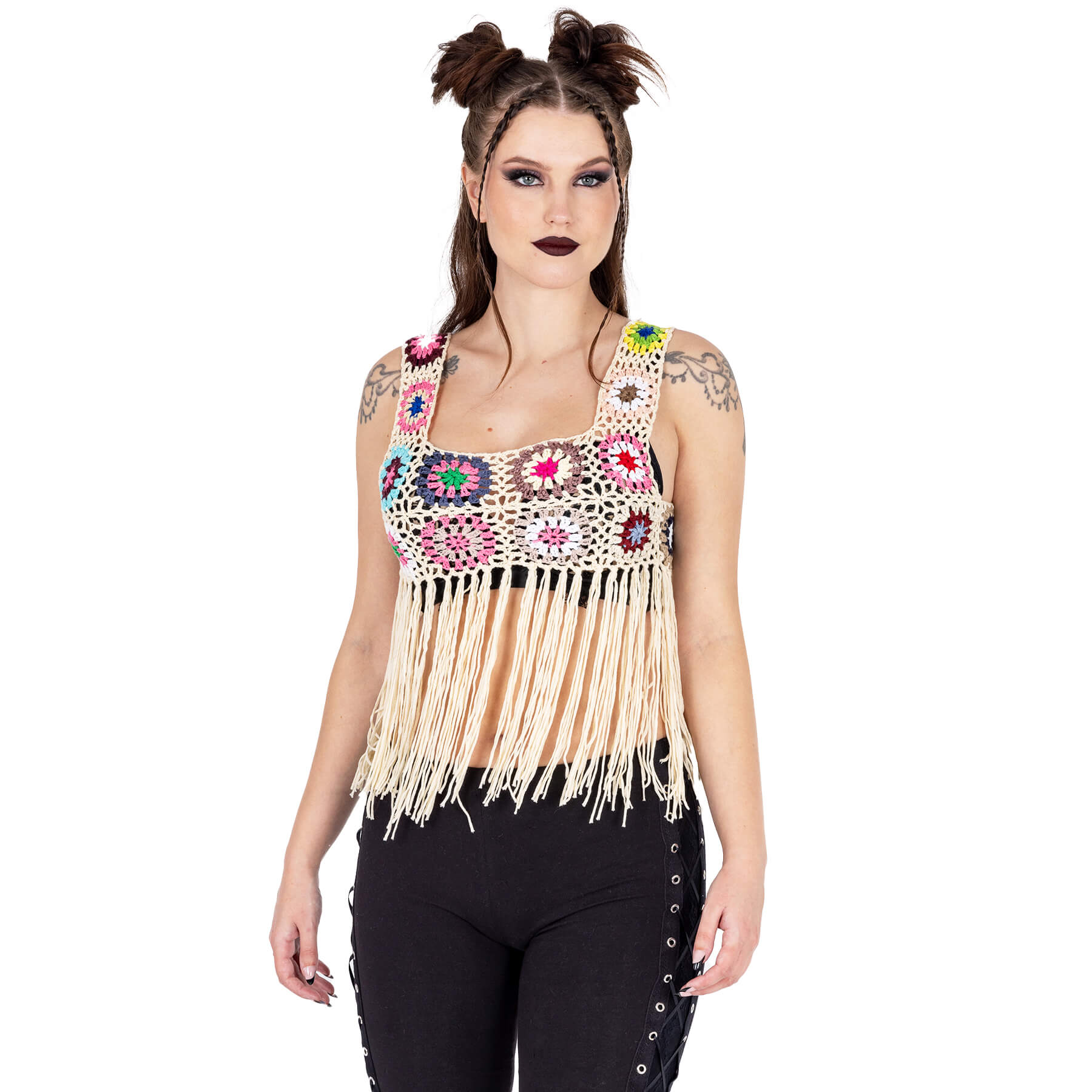 Innocent Lifestyle Maise Fringe Vest Cream Multi Crochet Boho Top
