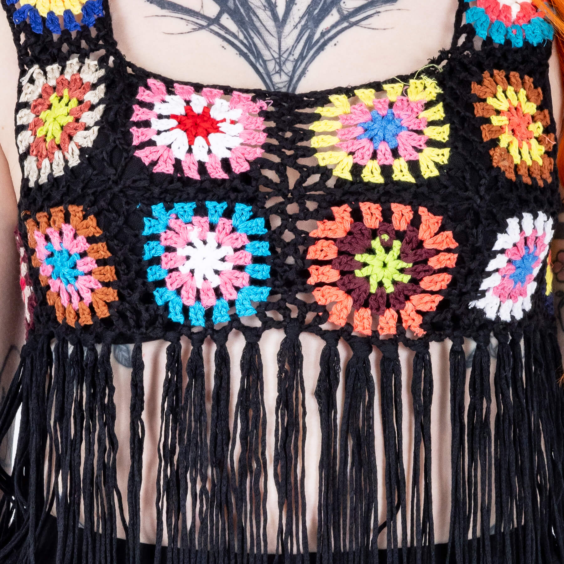 Innocent Lifestyle Maise Fringe Vest Black Multi Crochet Boho Top