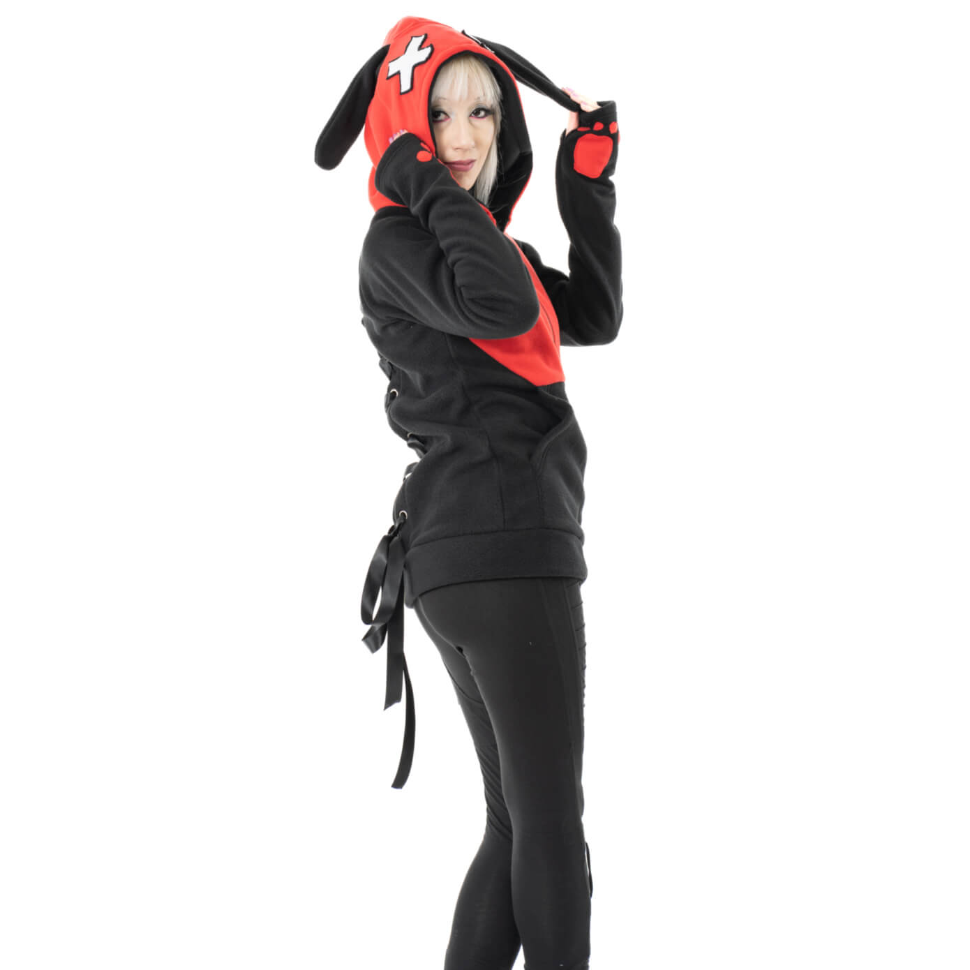 Luv Bunny LB Cross Hood Red Black Alternative Bunny Hoodie