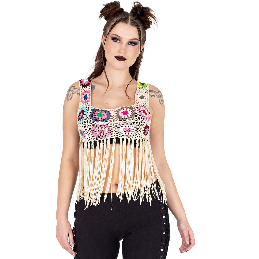 Innocent Lifestyle Maise Fringe Vest Cream Multi Crochet Boho Top